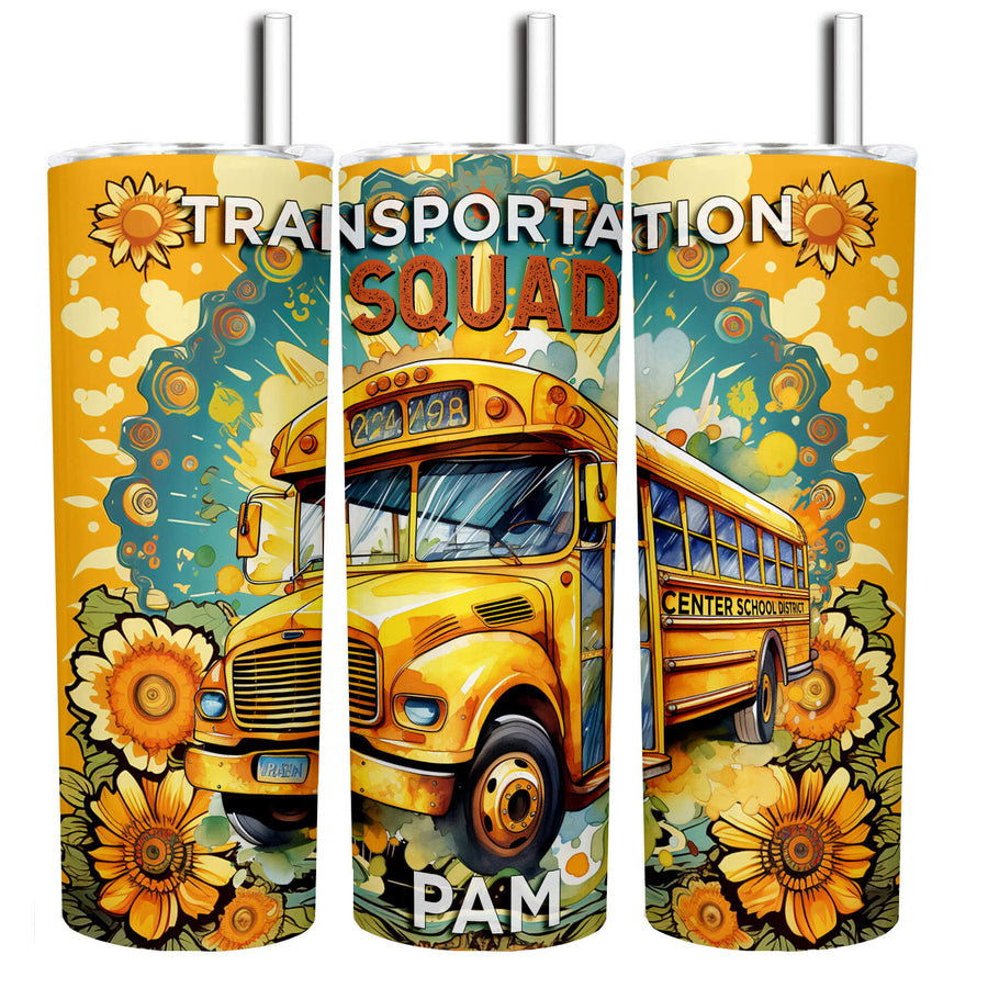 Personalized 20-ounce tumbler featuring a retro school bus design with "Transportation Squad" and sunflowers.