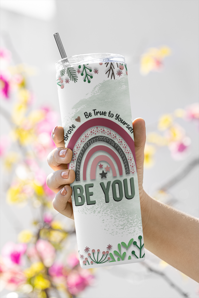 'Be You, Be Awesome' 20 oz Stainless Steel Tumbler with Inspiring BOHO Rainbow Design"