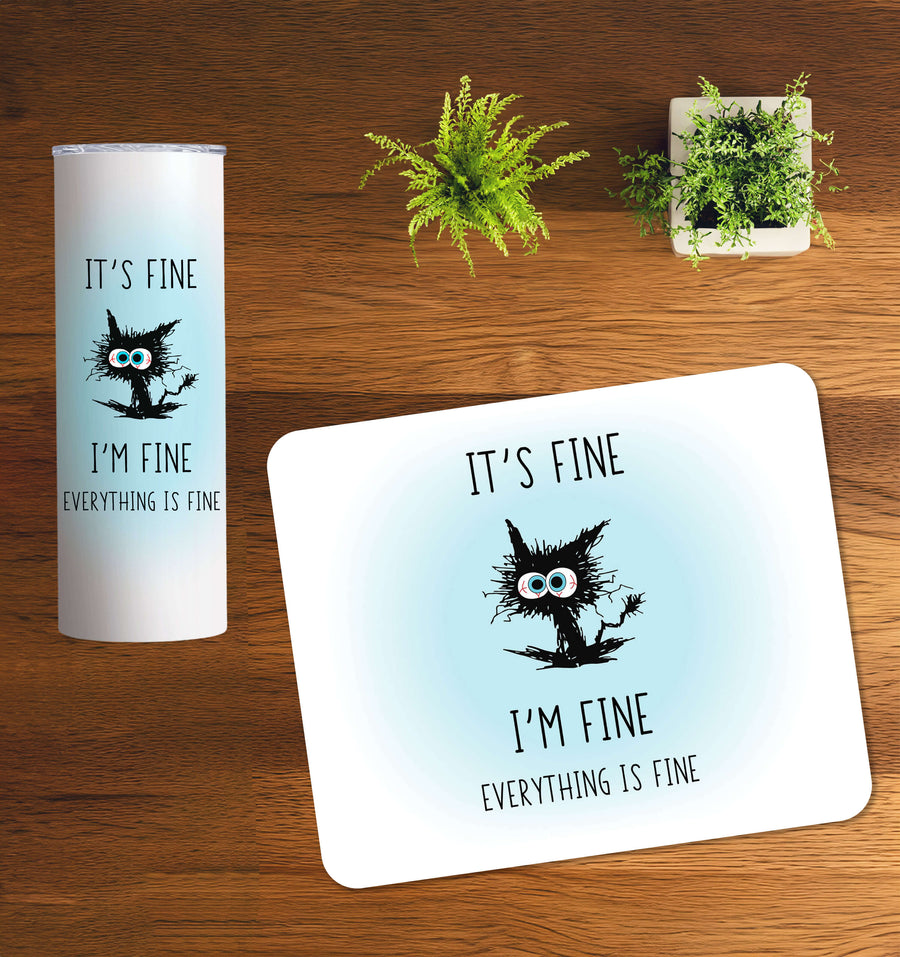 20-ounce blue tumbler and matching mousepad featuring a cartoon owl with the text "It's fine, I'm fine, everything is fine.