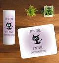 20 ounce purple tumbler and matching mousepad featuring a cartoon owl with the text "It's fine, I'm fine, everything is fine.