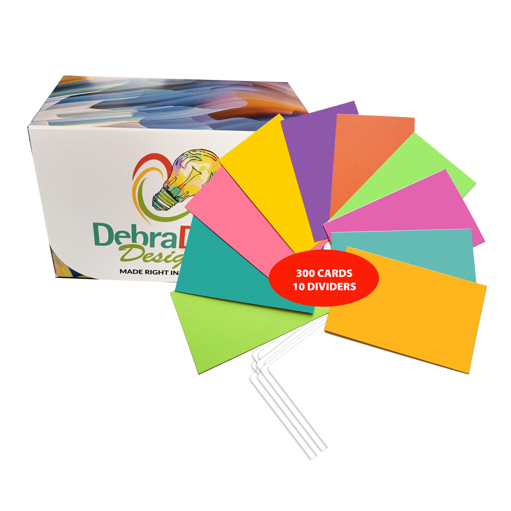Bright color index cards in a variety of hues, packaged in a box, featuring 300 blank cards and 10 dividers.