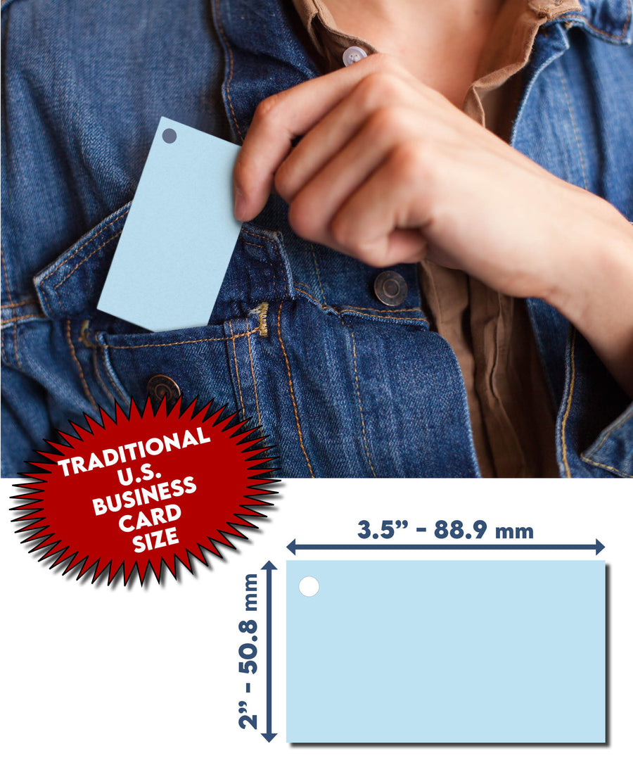 Mini blank index cards in multiple colors, 2x3.5 inches, with a punched hole for easy storage, displayed on a denim jacket.