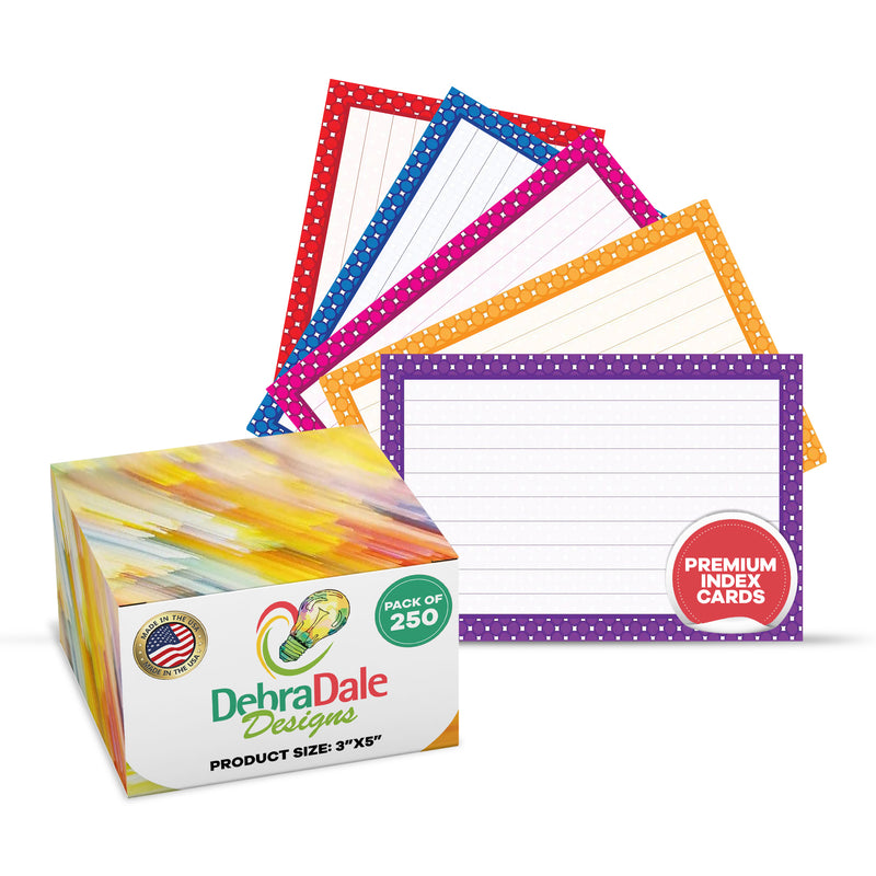 3” x 5” Ruled Index Cards – 250 Count – Dot Border Design – 253 gsm Premium Cardstock
