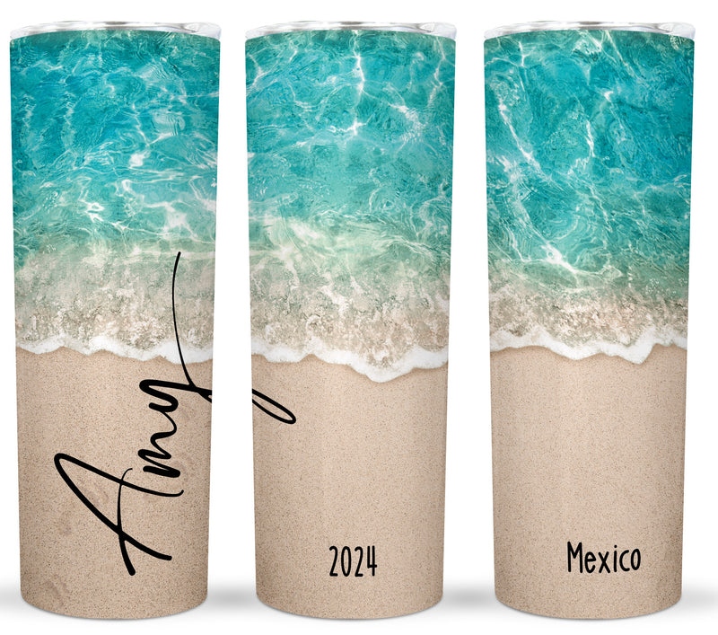 Custom Beach Footprints 20oz Stainless Steel Tumbler with Name, Location & Year - Spring Break, Graduation, Honeymoon