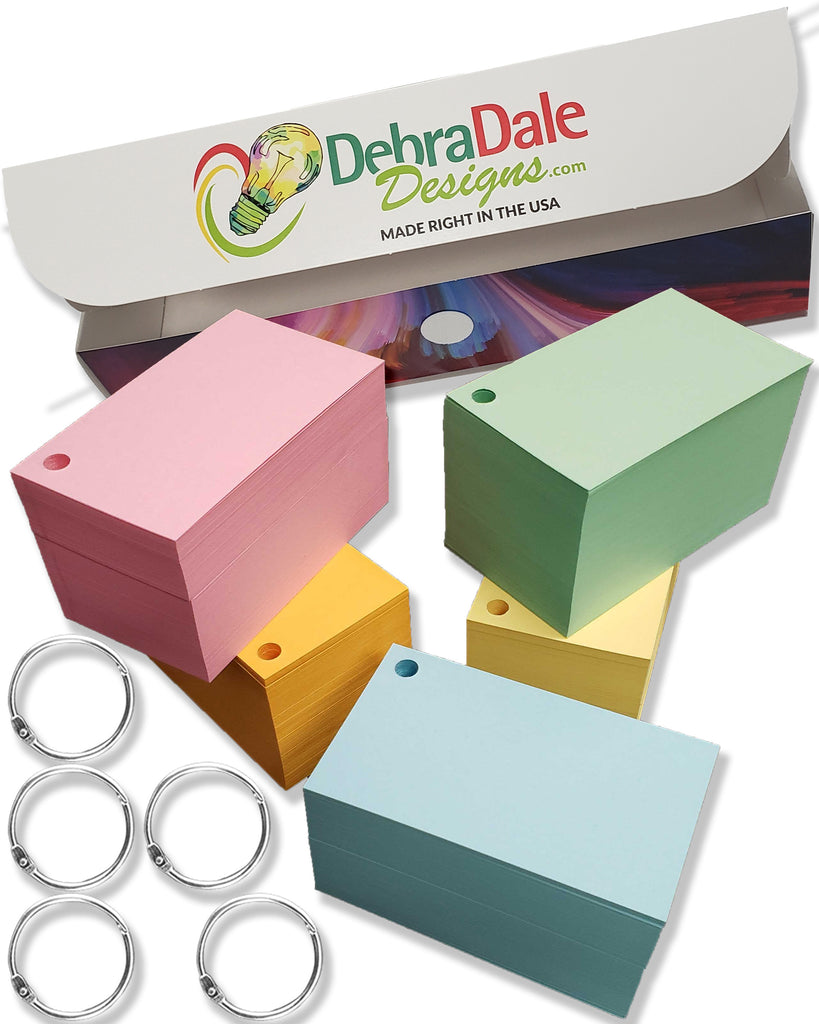 2” x 3.5” Blank Mini Index Cards – 1,100 Count – Multi-Color – Hole-Punched with Rings – 147 gsm Economy Cardstock