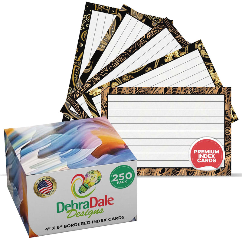 4” x 6” Ruled Index Cards – 250 Count – Black and Gold Border – 253 gsm Premium Cardstock