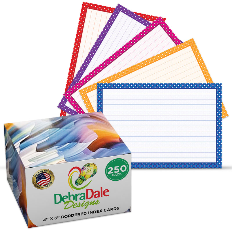 4” x 6” Ruled Index Cards – 250 Count – Dots Border Design – 253 gsm Premium Cardstock