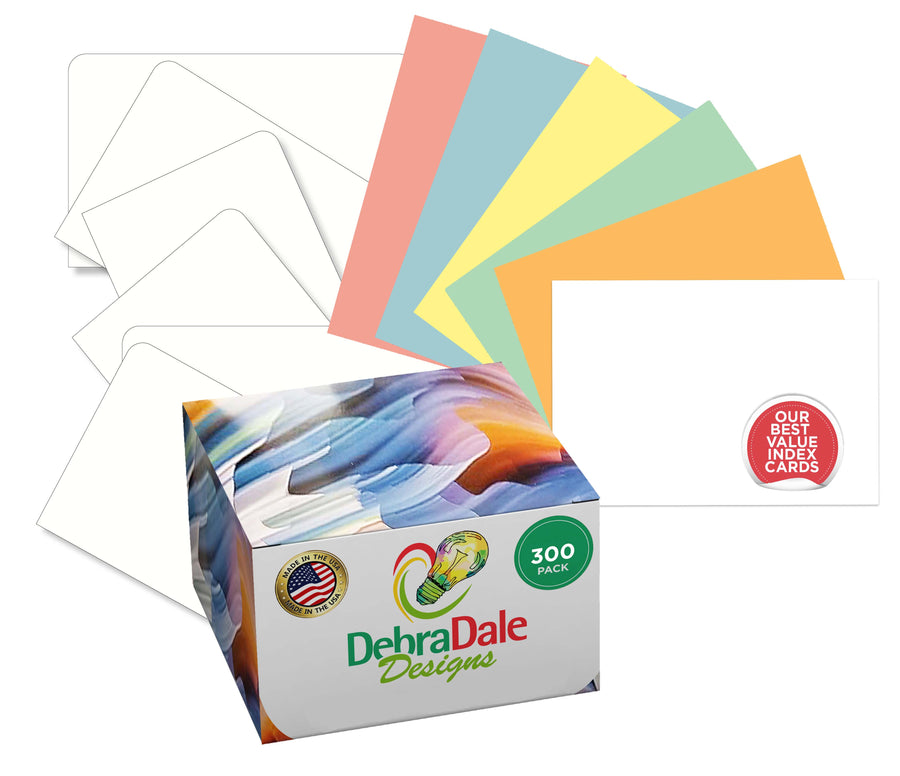 300 count of 4” x 6” blank index cards in assorted colors with a box labeled "Best Value Index Cards.