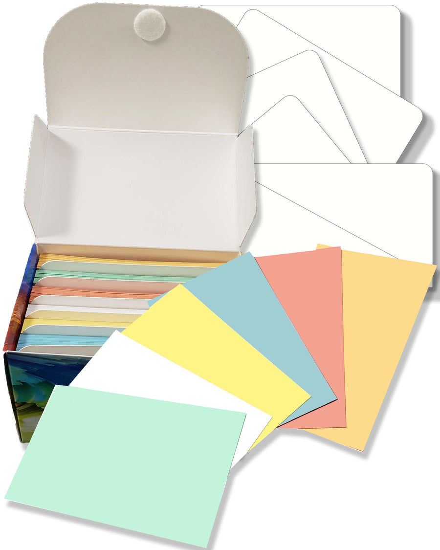 3” x 5” blank index cards in multiple colors, with dividers and a storage box, showcasing various pastel shades.