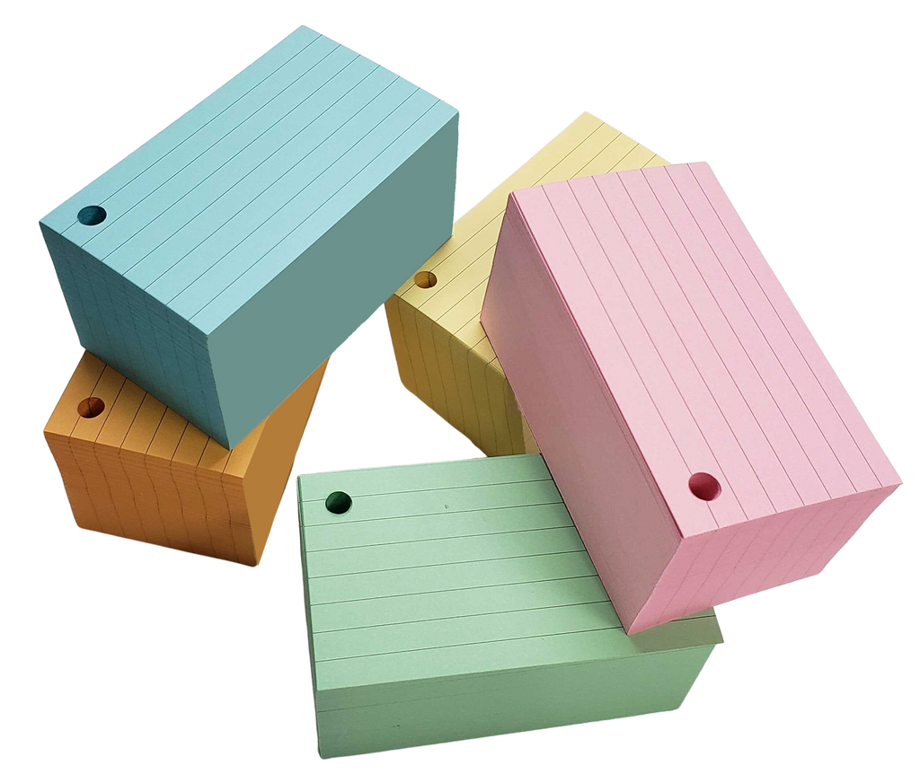 2” x 3.5” Ruled Mini Index Cards – 1,100 Count – Multi-Color – Hole-Punched with Rings – 147 gsm Economy Cardstock
