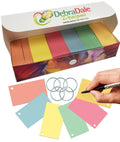 Blank mini index cards in various colors, hole-punched and organized in a box with rings for easy access.