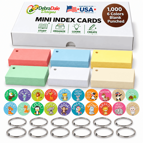 2x3.5 Mini Index Cards, 1,000 Count, Multi Color, Hole Punched
