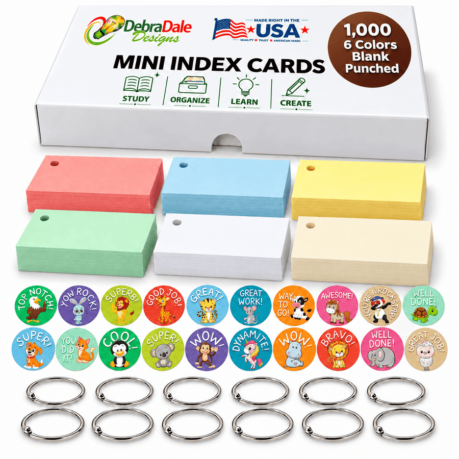 2x3.5 Mini Index Cards, 1,000 Count, Multi Color, Hole Punched