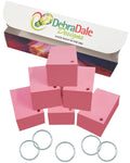 2” x 3.5” pink blank index cards stacked with three metal rings, packaged in a branded box.