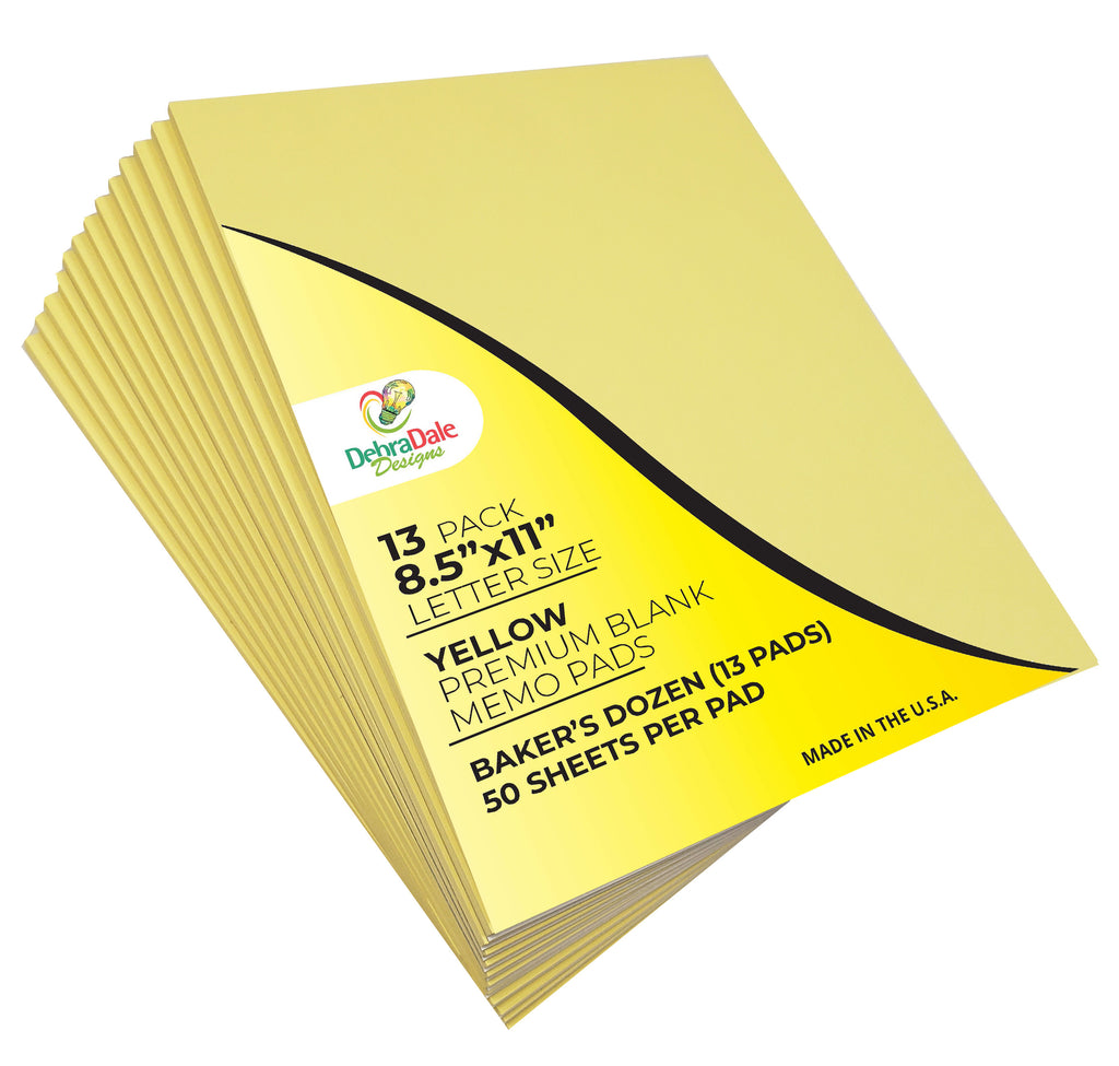 8.5” x 11” Blank Notepads – 13 Pack – Yellow – 50 Sheets Each – 20# Bond – Chipboard Back