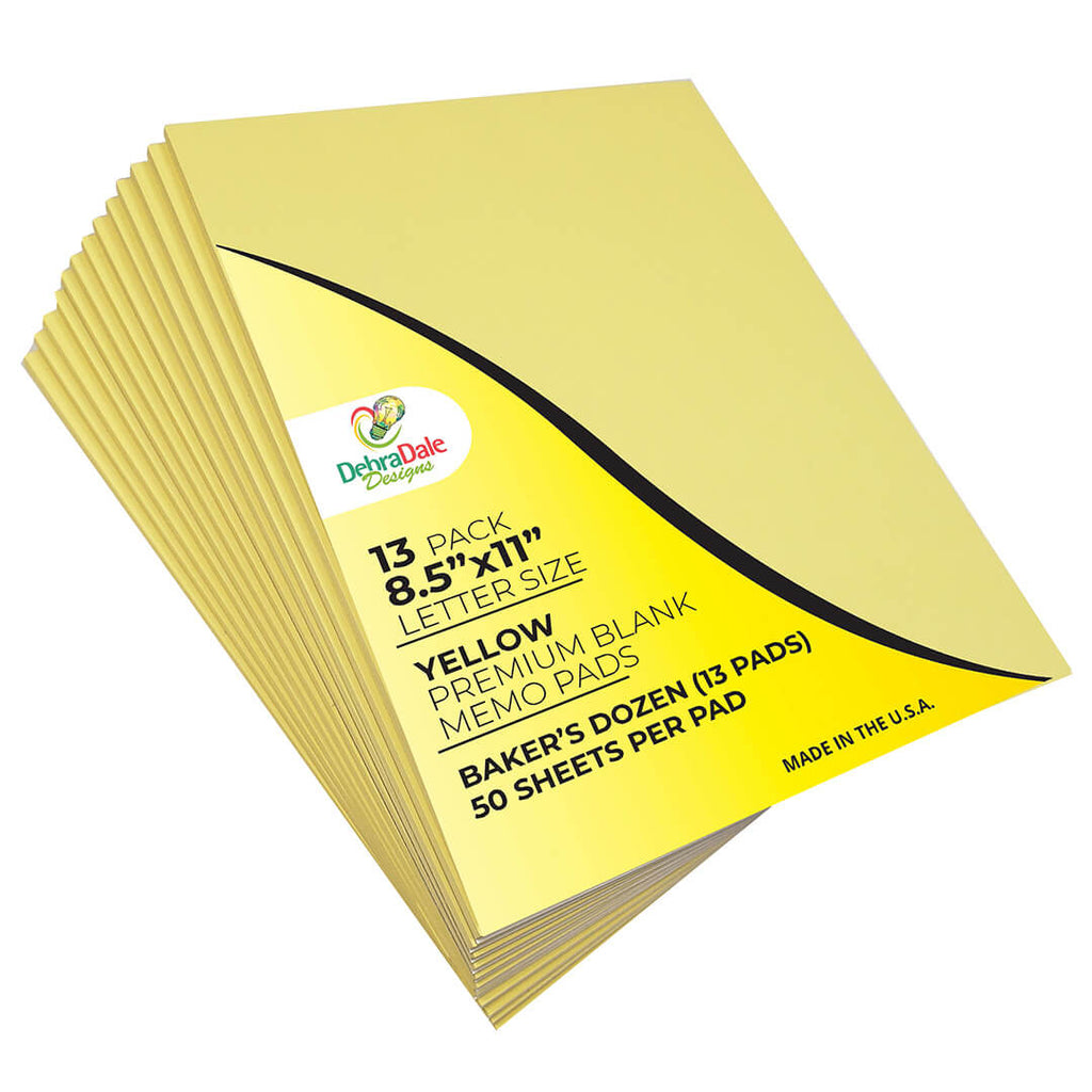 8.5” x 11” Blank Notepads – 13 Pack – Yellow – 50 Sheets Each – 20# Bond – Chipboard Back