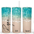 Custom beach footprints 20oz stainless steel tumbler featuring a sandy beach design, personalized with name and year.