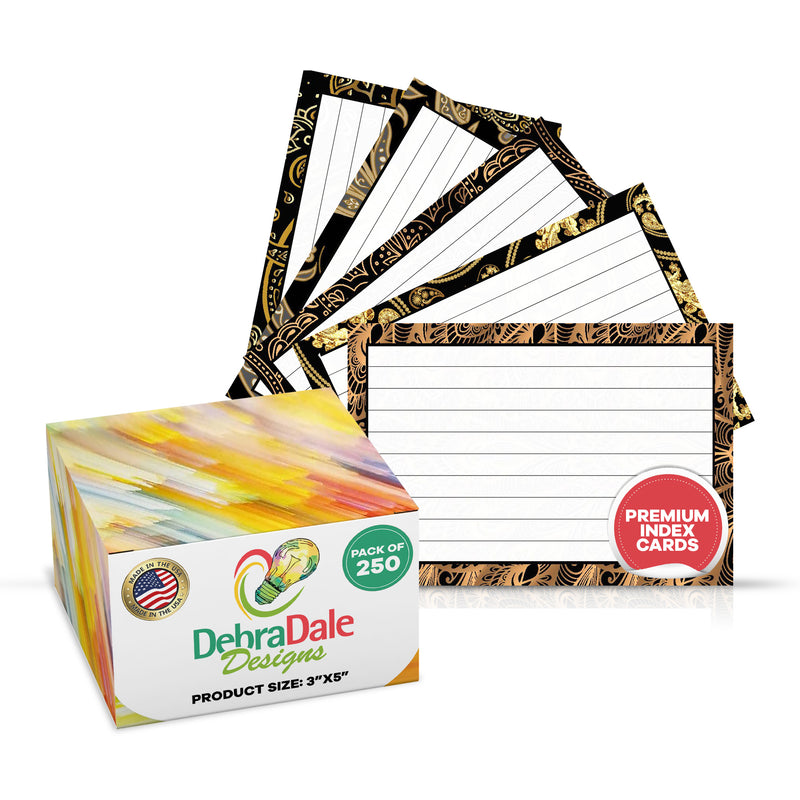 3” x 5” Ruled Index Cards – 250 Count – Black and Gold Border – 253 gsm Premium Cardstock