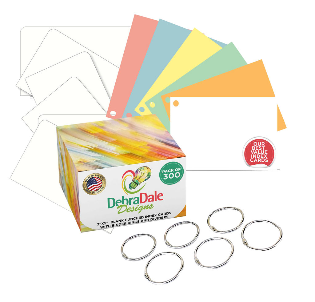 3” x 5” Blank Index Cards – 300 Count – 6 Assorted Colors – Hole-Punched with 6 Rings – 163 gsm Best Value Cardstock