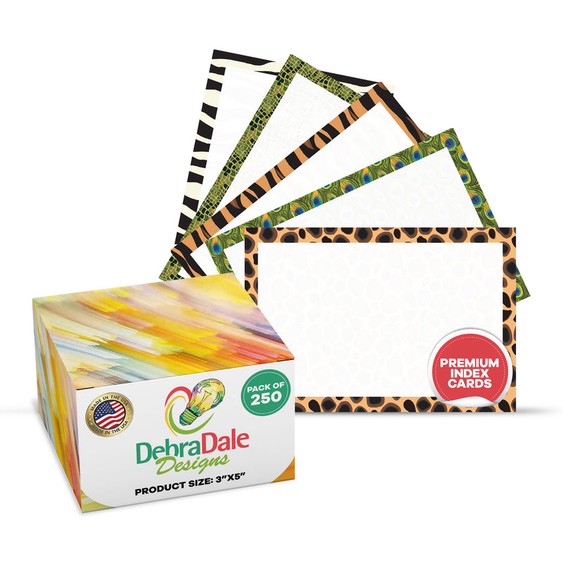 3” x 5” Blank Index Cards – 250 Count – Animal Print Design – 253 gsm Premium Cardstock