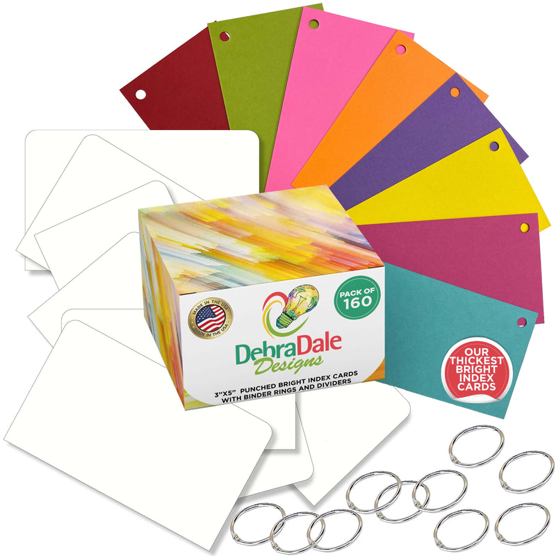 Bulk 3” x 5” Blank Index Cards – 160 Count – 8 Bright Colors – Hole-Punched – 271 gsm Premium Cardstock – Made in USA