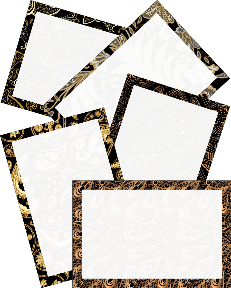4” x 6” black index cards with gold border, featuring an unruled design, stacked in a fan arrangement.