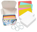 200 white hole-punched index cards in a colorful box, with assorted colored dividers and metal rings for organization.