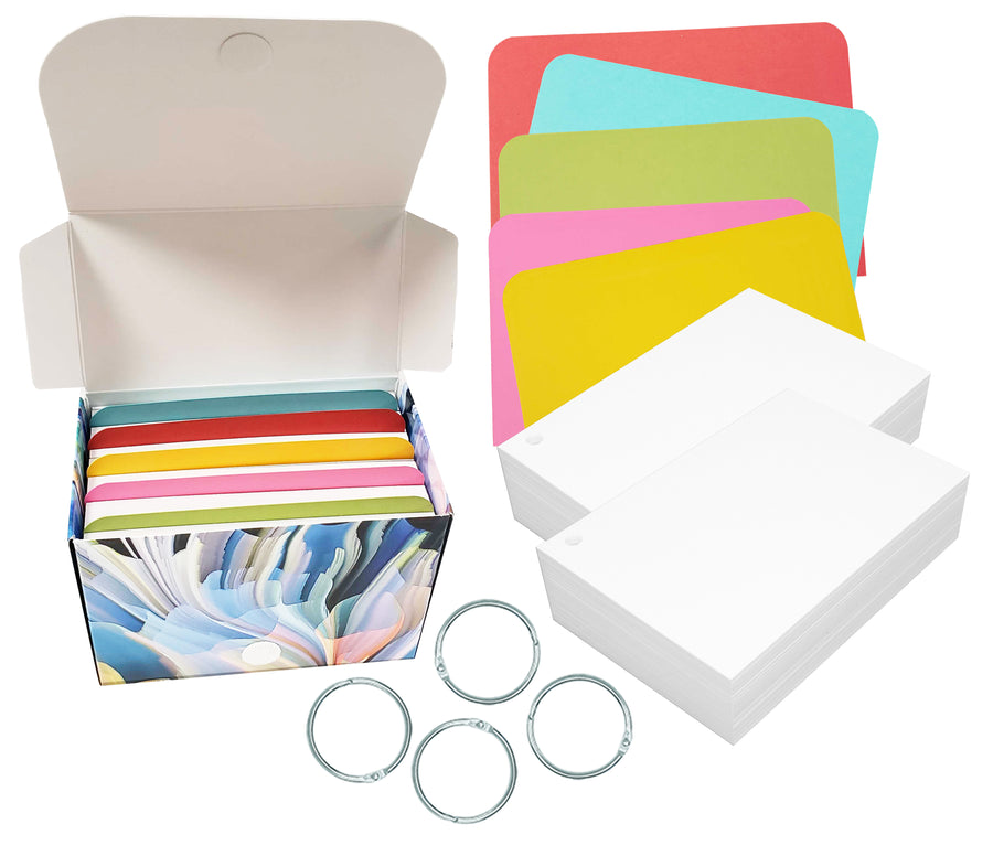 200 white hole-punched index cards in a colorful box, with assorted colored dividers and metal rings for organization.