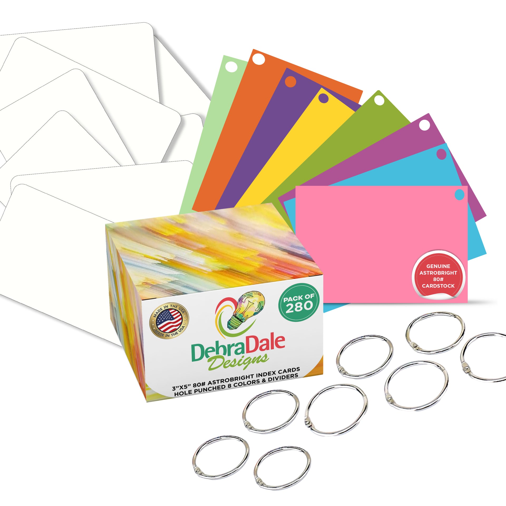 3 x 5 blank mini index cards, bright colors, hole-punched, 216 gsm premium cardstock – Debra Dale Designs