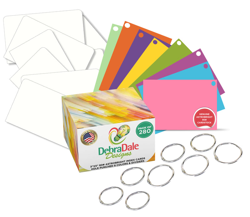 3" x 5" Blank Bright Multi-Color Hole Punched Index Cards - Standard Plus Paper Thickness