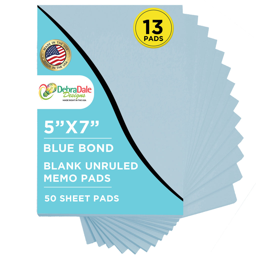 5” x 7” Blank Notepads – 13 Pack – Blue – 50 Sheets Each – 20# Bond – Chipboard Back