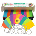 900 blank mini index cards in bright colors, 2x3.5 inches, with 10 binder rings for easy organization.