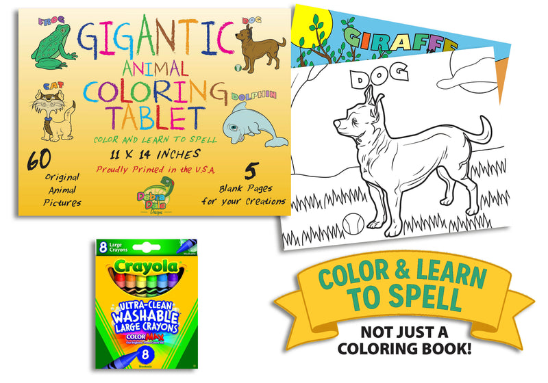11 x 14 animal coloring and learn-to-spell pad with crayons by Debra Dale Designs