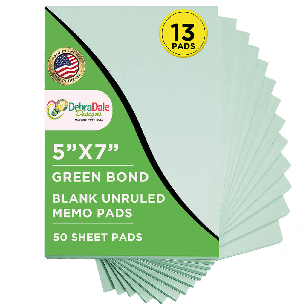 5” x 7” Blank Notepads – 13 Pack – Green – 50 Sheets Each – 20# Bond – Chipboard Back