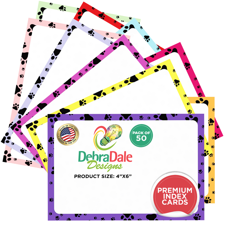 Paw print border index cards in various colors, 4″ x 6″ size, 50 pack, featuring blank heavy cardstock.
