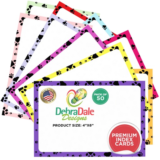 Paw print border index cards in various colors, 4″ x 6″ size, 50 pack, featuring blank heavy cardstock.
