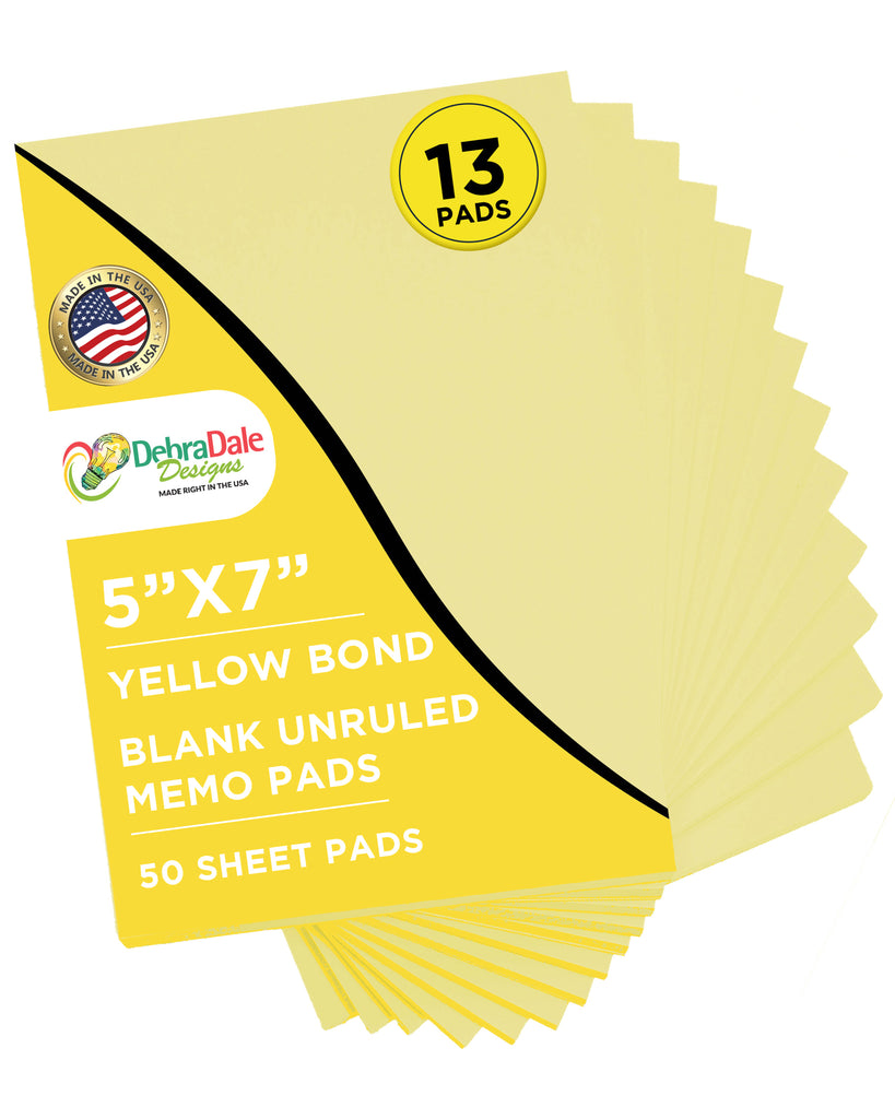 5” x 7” Blank Notepads – 13 Pack – Yellow – 50 Sheets Each – 20# Bond – Chipboard Back
