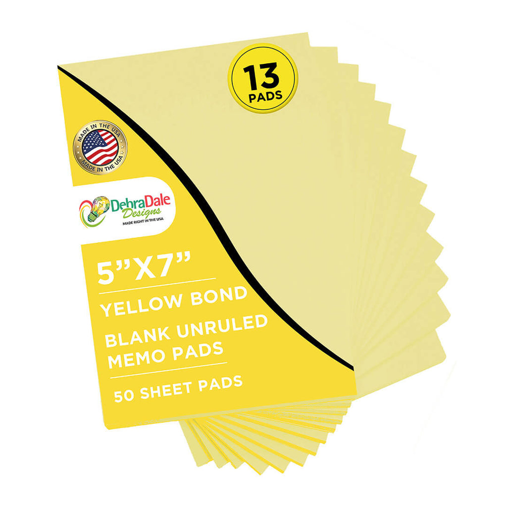 5” x 7” Blank Notepads – 13 Pack – Yellow – 50 Sheets Each – 20# Bond – Chipboard Back
