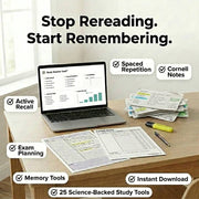 Laptop displaying Study Smarter Vault on a wooden desk with printed Cornell Notes, a highlighter, and a pen.
