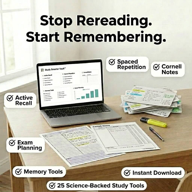 Laptop displaying Study Smarter Vault on a wooden desk with printed Cornell Notes, a highlighter, and a pen.