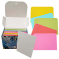 Blank index cards in a storage box, featuring assorted colors: pink, green, yellow, and blue, with dividers included.