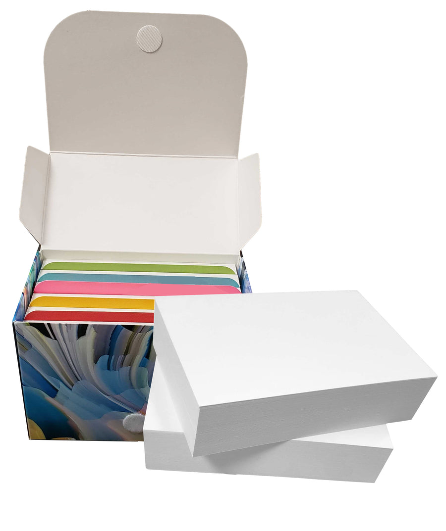 200 count white blank index cards in a storage box with dividers, featuring a colorful design on the box.