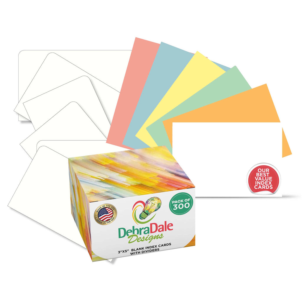 3” x 5” Blank Index Cards – 300 Count – Multi-Color – 163 gsm Value – With Dividers & Storage Box