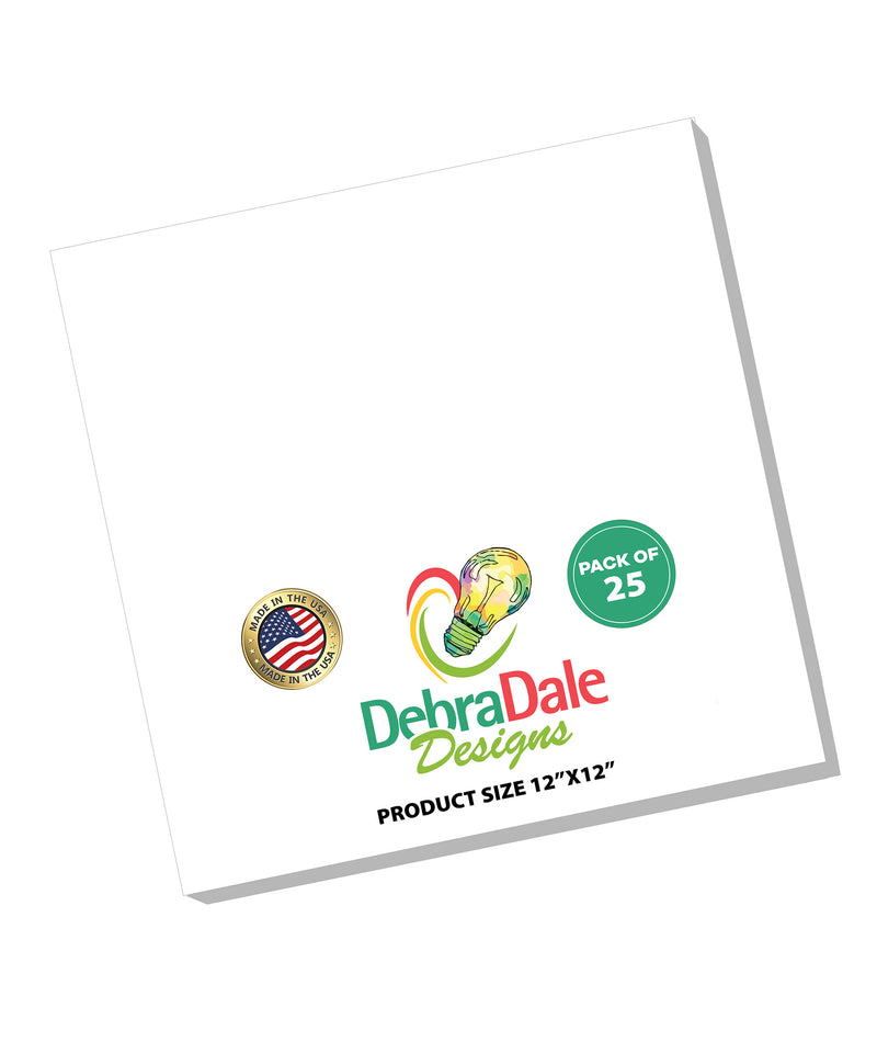 12” x 12” white cardstock pack with 25 sheets, featuring DehraDale Designs logo and product details on the packaging.