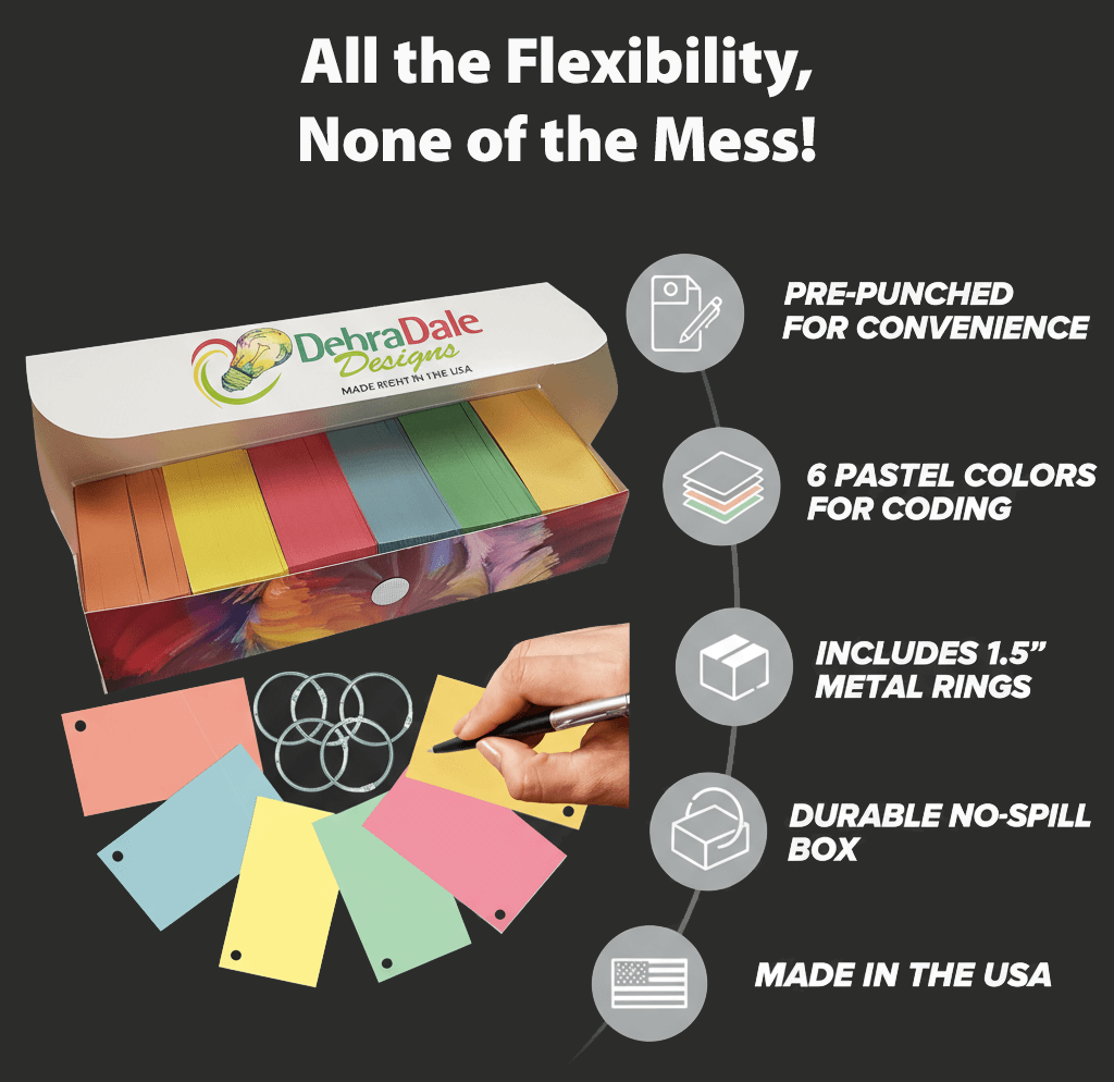 2” x 3.5” Blank Mini Index Cards – 1,000 Count – Multi-Color – Hole-Punched with Rings – 199 gsm Standard Cardstock