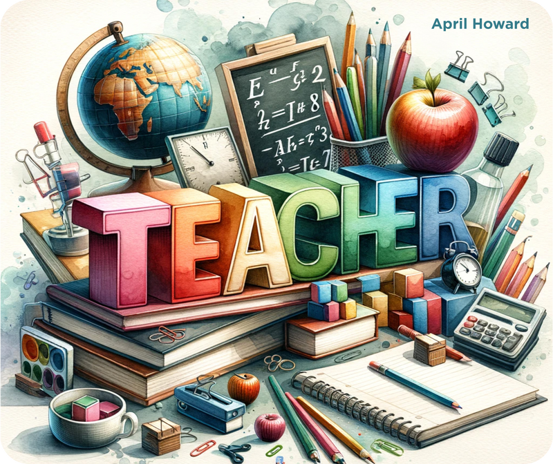 Personalized teacher gift set featuring colorful "TEACHER" letters, globe, apple, and school supplies on a desk.