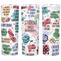 Student daily affirmations stainless steel tumbler with colorful motivational phrases and illustrations on a white backgro...