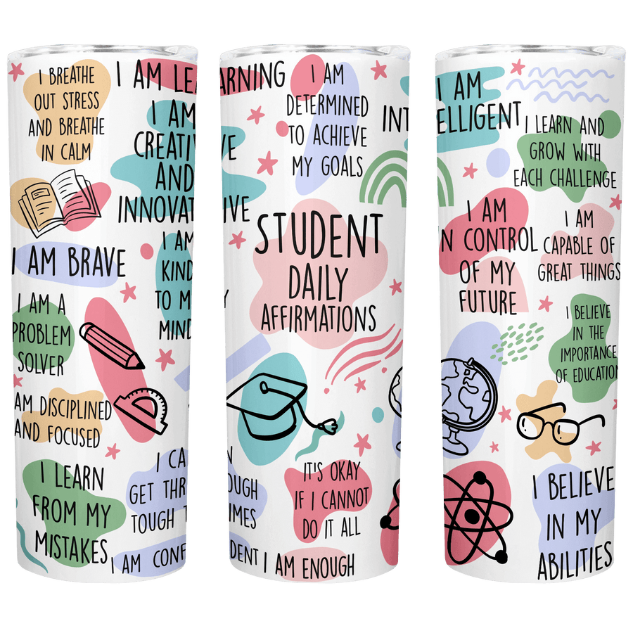 Student daily affirmations stainless steel tumbler with colorful motivational phrases and illustrations on a white backgro...