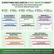 Digital Study Smarter Vault worksheets including Flashcard Builder, Cornell Notes, and Subject Tracker in various colors.