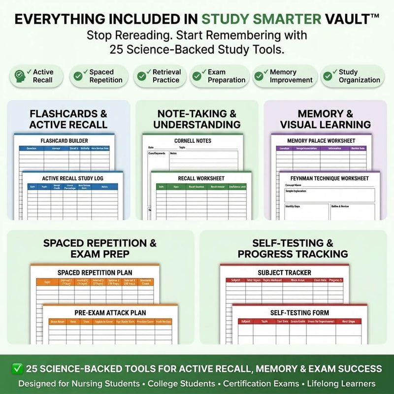 Digital Study Smarter Vault worksheets including Flashcard Builder, Cornell Notes, and Subject Tracker in various colors.